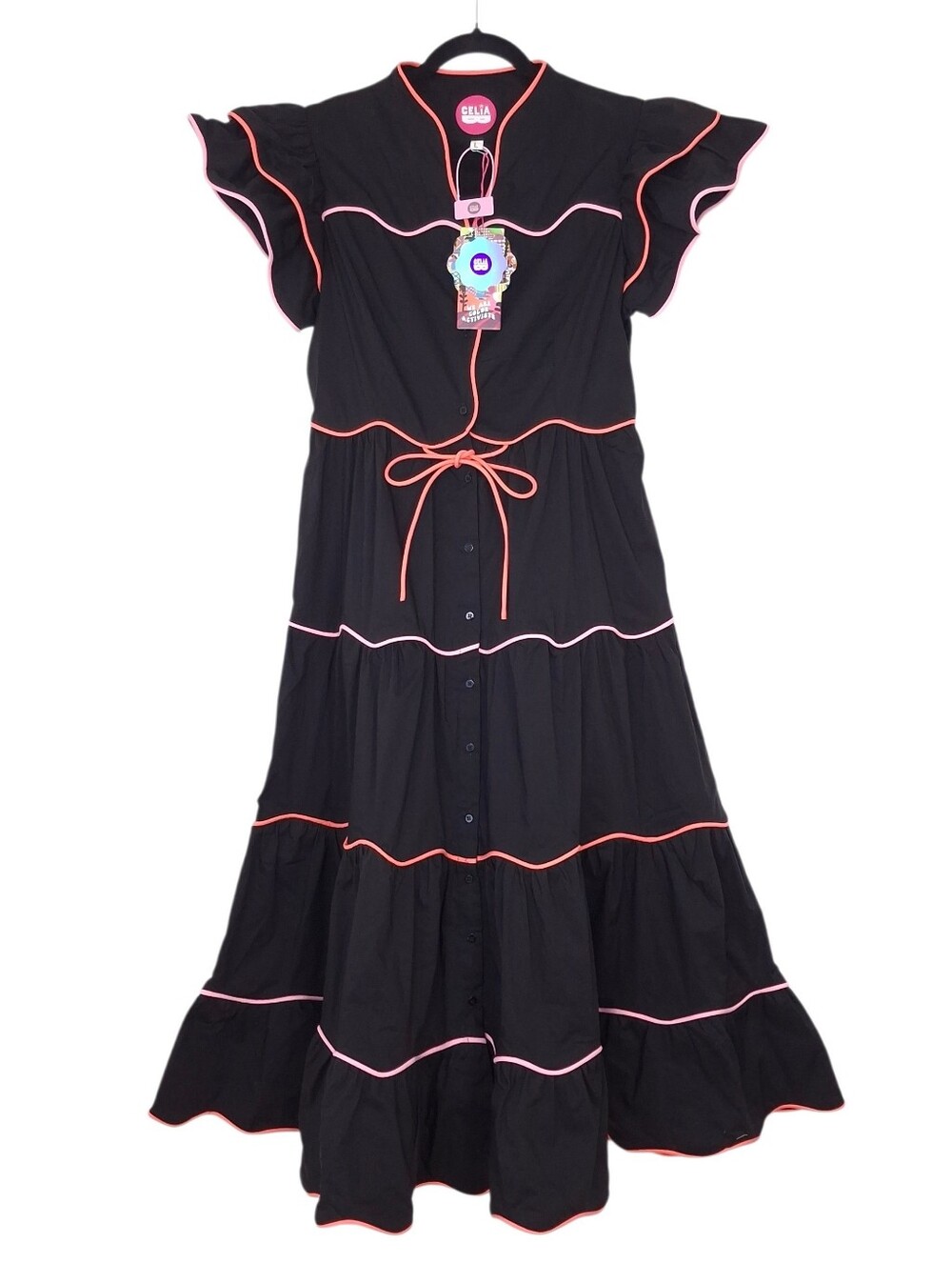 Celia B Baba Voyager midi dress tiered ruffle whimsical statement bold black